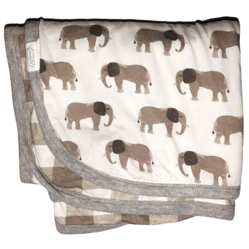Mud Pie Beige Brown ELEPHANT Plaid Cotton 2 Ply Baby Blanket Gray Trim Lovey EUC